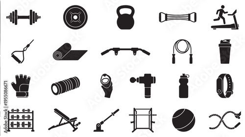 Various fitness equipment icons are presented in a grid layout showing workout tools for strength and cardio training.