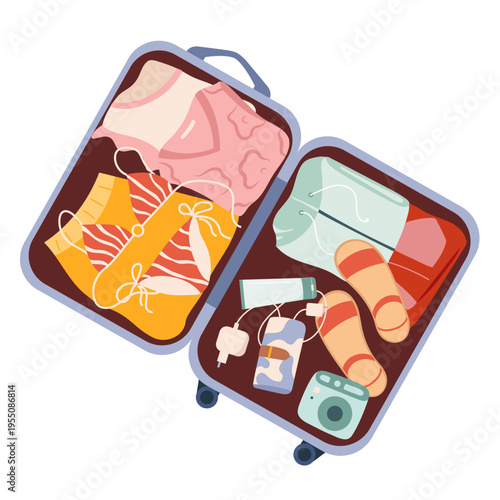 Open travel suitcase with summer clothes, swimwear, accessories Vacation packing concept with camera and personal items Flat vector illustration of holiday preparation, tourism and travel organization