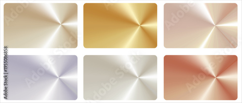 Collection of metallic radial gradients featuring glossy polished steel, gold,silver,mother-of-pearl and copper in circular textures.A card template with shiny vector backgrounds for modern branding