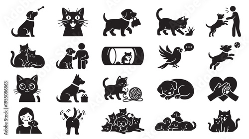 A collection of black silhouette icons depicts various interactions between cats, dogs, birds, and people representing pet care concepts.