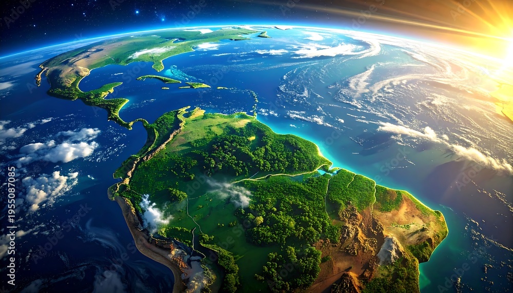 Fototapeta premium Aerial view of Earth, highlighting continents, oceans, and atmospheric conditions