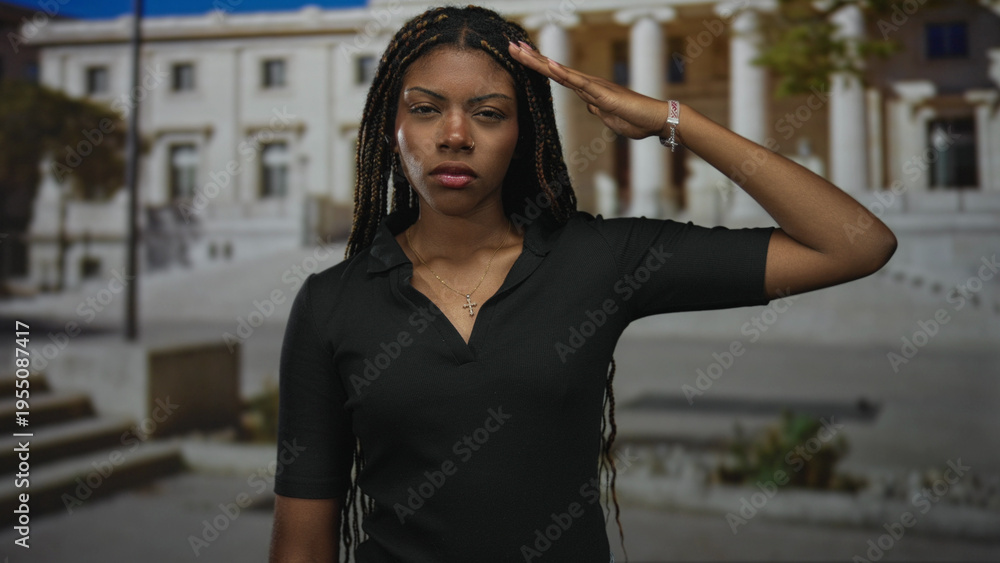 Fototapeta premium African american woman salutes with hand to forehead in front of building, wearing black top and cross necklace, braids visible; respect duty determination.