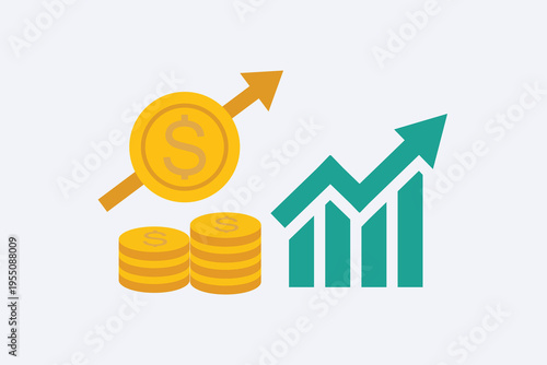 Business Growth Concept With Coins, Rising Arrow and Bar Chart Illustrating Financial Profit