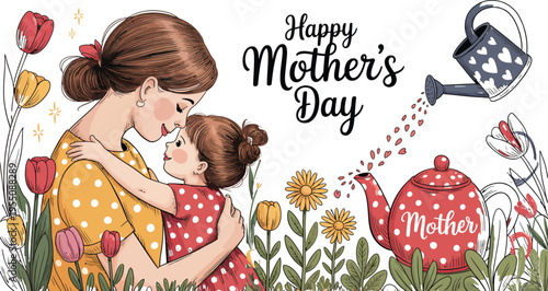 Mother and Child Hugging in Garden on Mothers Day