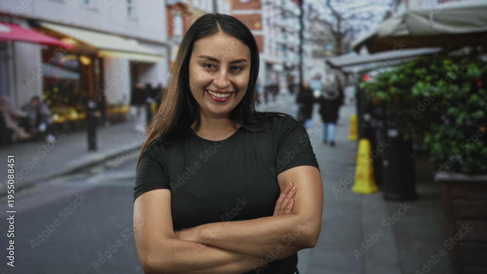 Fototapeta premium Young hispanic woman with crossed arms showing forearms and smiling on a busy city street cafe setting; confidence empowerment.