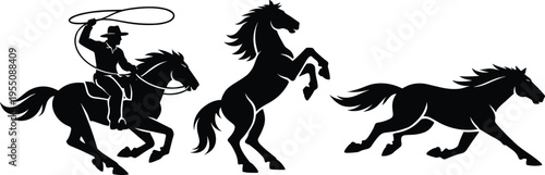Set of horse silhouettes featuring a cowboy with lasso rearing stallion and running mustang for western ranch and equestrian design