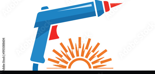 Professional blue industrial welding gun logo with red accents and a vibrant orange sunburst background for fabrication shop branding and trade concepts welder silhouette AI Generative