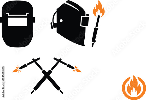 Set of professional black and orange industrial icons featuring welding masks and crossed torches with flames for metal fabrication branding and trade design welder silhouette AI Generative
