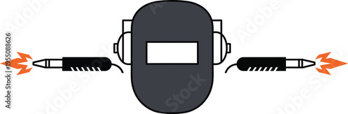 Professional grey welding mask icon with headphones and dual torches with orange flames for specialized industrial fabrication and safety gear design welder silhouette AI Generative
