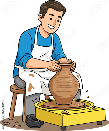 Colorful cartoon illustration of a happy male potter wearing an apron and working on a pottery wheel to create a clay vase for ceramic art and craft hobby concepts welder silhouette AI Generative
