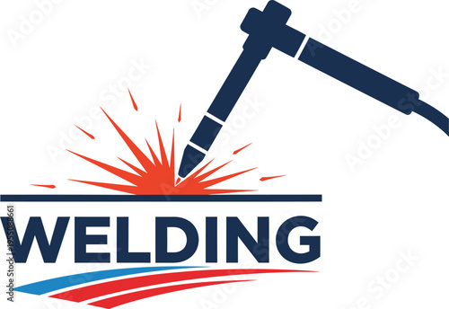 Professional navy blue and orange logo of an industrial welding torch with vibrant orange sparks featuring bold WELDING text for metal fabrication and workshop branding welder silhouette AI Generative
