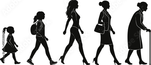 Set of walking female silhouettes showing aging stages from child to elderly woman representing life cycle growth and human development