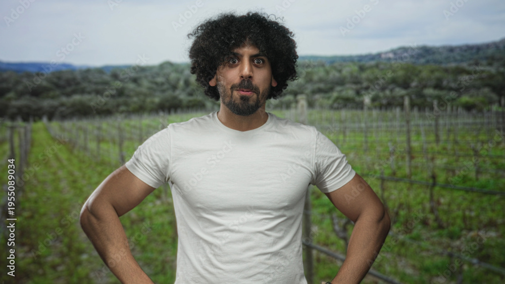 Naklejka premium Man with curly hair and beard, hands on hips pose, wearing white tshirt with chest visible in forest vineyard rows; surprise.