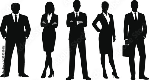 Group of successful business professionals silhouettes wearing formal office attire standing in confident poses for corporate leadership and teamwork concept.