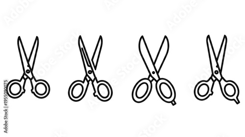UI icon vectors. Four black scissor icons in a row on a white background. Simple scissor design. Scissor symbols repeated. Minimalist scissor illustration. User interface icons, UI icon vector set.