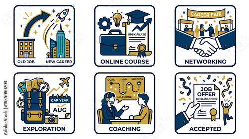 Career Transition and Job Search Process Illustration Icon Set