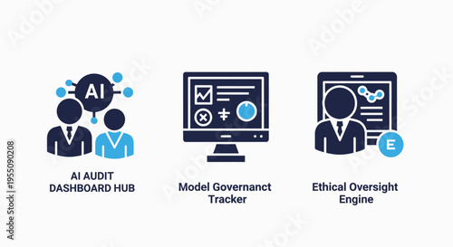 Ai audit dashboard, model governance, and ethical oversight icons for artificial intelligence system management