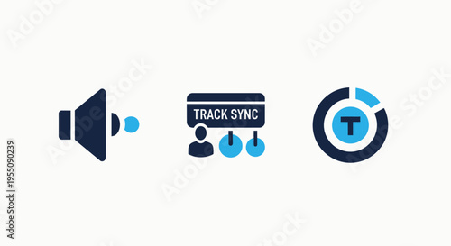 Professional flat vector icons representing audio volume control, track synchronization, and typography analysis for multimedia content, data, and communication solutions