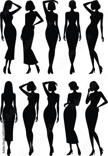 Elegant black woman silhouettes in tight midi cocktail dresses, glamorous fashion poses with hand on hair, curvy female figures, vector model collection