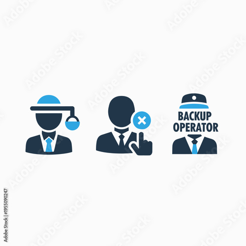 Flat vector icons representing professional roles such as auditor, disallowed user, and backup operator for system management, operational control, and human resources
