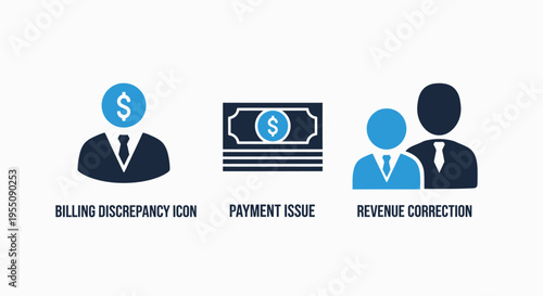 Flat vector icons representing billing discrepancies, payment issues, and revenue correction for financial management, accounting, and business solutions
