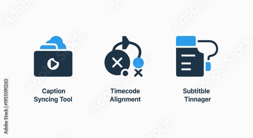 Production and accessibility icons for caption syncing, timecode alignment, and subtitle timings in digital media software