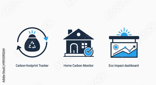 Environmental sustainability icons for tracking carbon footprint, home energy consumption, and live impact data on a digital dashboard