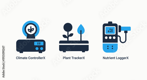 Smart farming and gardening icons for climate control, plant tracking, and nutrient management in modern agricultural systems