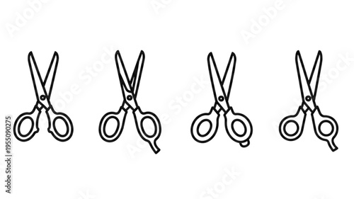 UI icon vectors. Four black scissor icons in a row on a white background. Simple scissor design. Scissor symbols repeated. Minimalist scissor illustration. User interface icons, UI icon vector set.