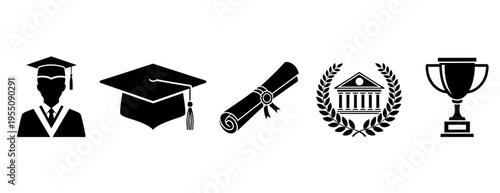 Set of black graduation icons including a graduate, mortarboard cap, diploma scroll, university building, laurel wreath, and trophy cup in a simple graphic style
