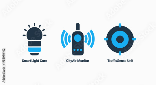 Smart lighting core, city network node, and traffic sensing unit icons for iot devices & urban infrastructure