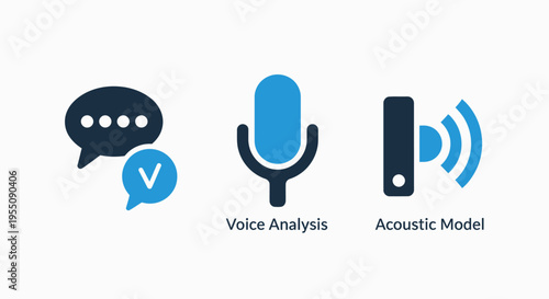 Voice analysis and acoustic model icons for speech technology, sound processing, and communication