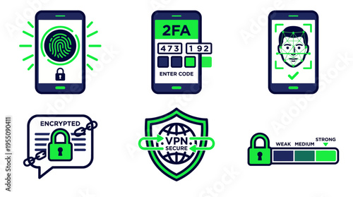 Cybersecurity and Data Protection Mobile Security Icons Set