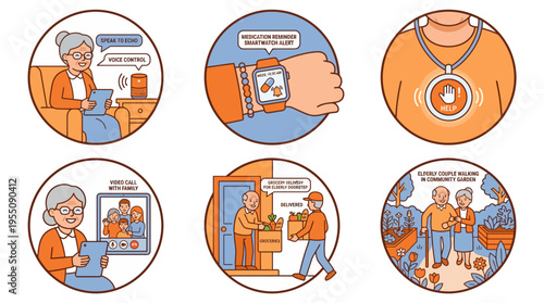 Elderly Smart Home Technology and Senior Care Support Illustration Set