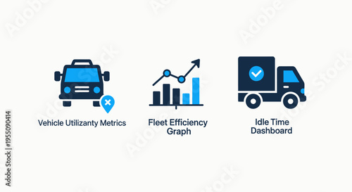 Fleet management vehicle utility, efficiency graph, and idle time dashboard icons for logistics