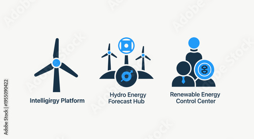Intelliflow platform, hydro energy forecast hub, and renewable energy control center icon set for sustainable technology and eco-friendly energy solutions