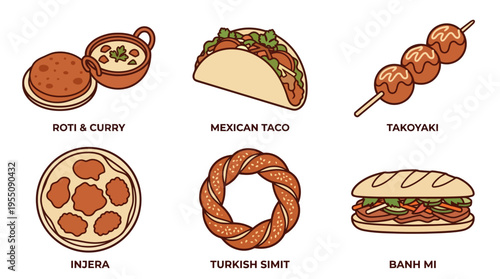 Vector Illustrations of International Street Foods and Global Cuisine Icons