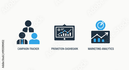 Business driving team, front end dashboard, and market analytics icon set for performance management and strategic insights