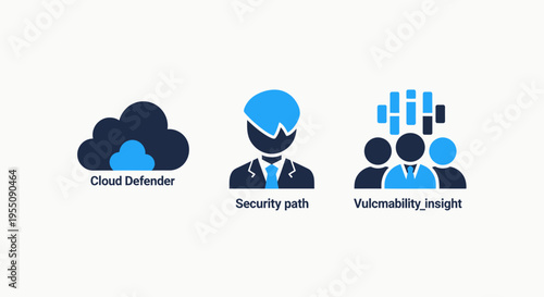 Cybersecurity and cloud protection icons: cloud defender, security pathways, and vulnerability insight for digital safety