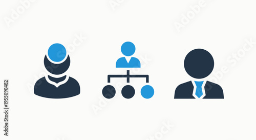 Human resources and organizational structure icons: management, team hierarchy, and employee roles for business administration