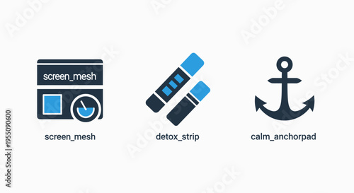 Graphic resource icon set including a computer monitor screen mesh and medical detox test strips alongside a nautical anchor symbol for maritime security, ship navigation and healthcare