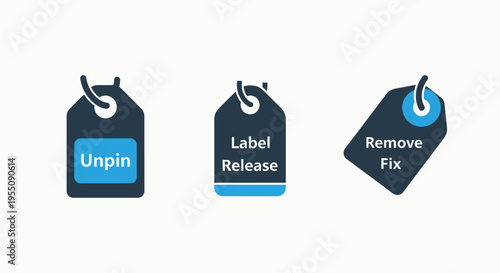 Retail product label and inventory management tag icons for e-commerce shopping systems featuring unpin and release status indicators in a clean blue and navy flat graphic style for business