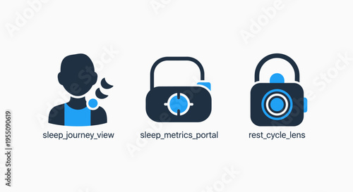 Digital sleep tracking and health metrics portal icons including user rest cycle analysis and medical monitoring dashboard symbols for wellness applications and diagnostic software systems data