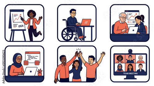 Diverse Professional Team Collaborating in Inclusive Modern Workplace Illustration