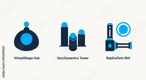 Set of blue and black technology icons representing virtual shape hub, synchronization dynamics towers, and replica twin digital models for data visualization and engineering
