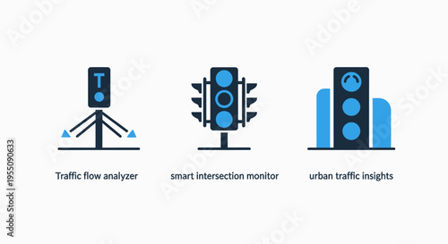 Smart city traffic management and intersection monitoring icons including street light signal analyzers and urban transport flow sensors for intelligent infrastructure and road safety systems