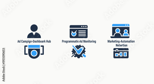 Digital marketing and advertising automation icons representing ad campaign coordination, programmatic ad monitoring, and marketing workflow execution for business strategy