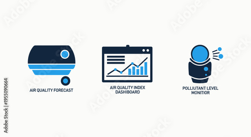 Environmental monitoring icons showing air quality forecast, air pollutant data dashboard, and pollutant level monitoring for ecological health and safety tracking