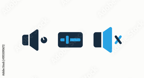 Audio volume and sound control icon set for user interface design featuring speaker button, volume level adjustment slider, and mute mode symbol for media player software applications