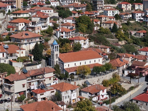 Aerial 4k view of the historic village of Rapsani on the slopes of Mount Olympus, Greece